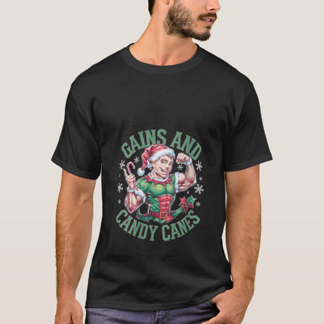 Womens Funny Christmas Elf Gym Workout Gains and C T Shirt (Framsida)