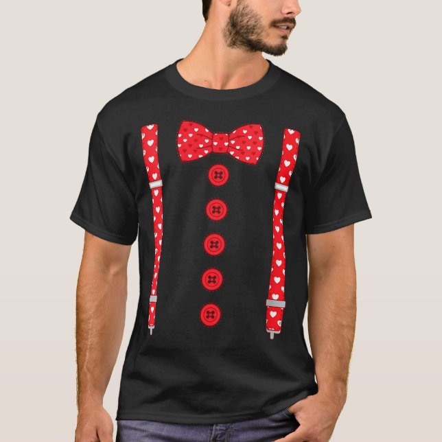 Women's Funny Hearts Bow Tie Suspenders Valentine' T Shirt (Framsida)