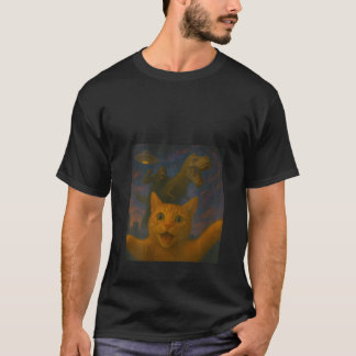 Womens Funny Surprised Scared Cat Selfie T Rex Din Shirt