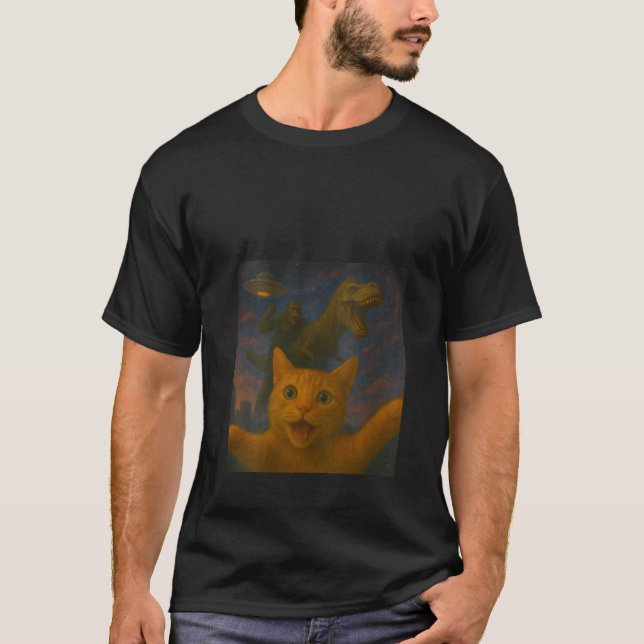 Womens Funny Surprised Scared Cat Selfie T Rex Din Shirt (Framsida)