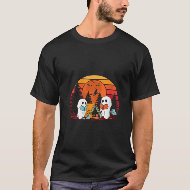 Womens Ghost Camping Reading Bok Älskare Halloween T Shirt (Framsida)