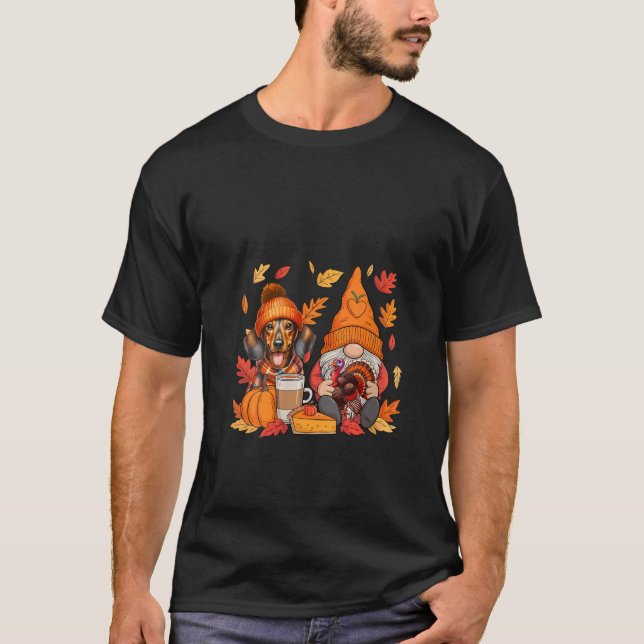 Womens Gnome Turkey Dachshund Thanksgiving Fall Le T Shirt (Framsida)