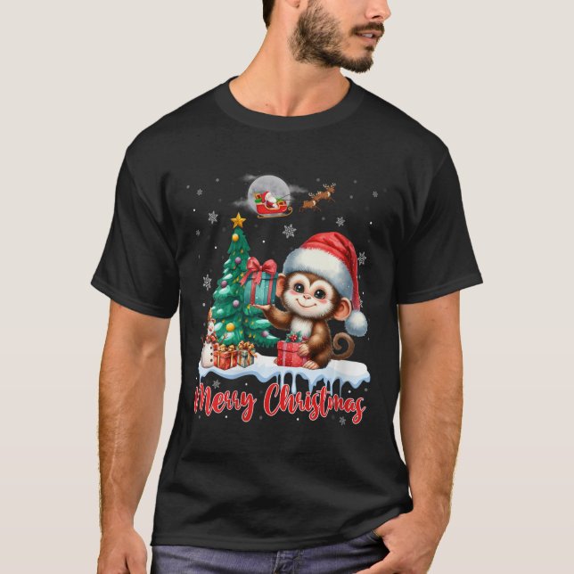 Womens God jul Cute Monkey Santa Hat Monke T Shirt (Framsida)