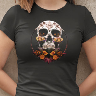 Womens Golden Marigold Sugar Skull Mexikanskt Skul T Shirt