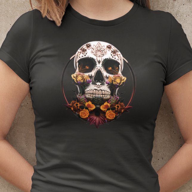 Womens Golden Marigold Sugar Skull Mexikanskt Skul T Shirt (Skapare uppladdad)