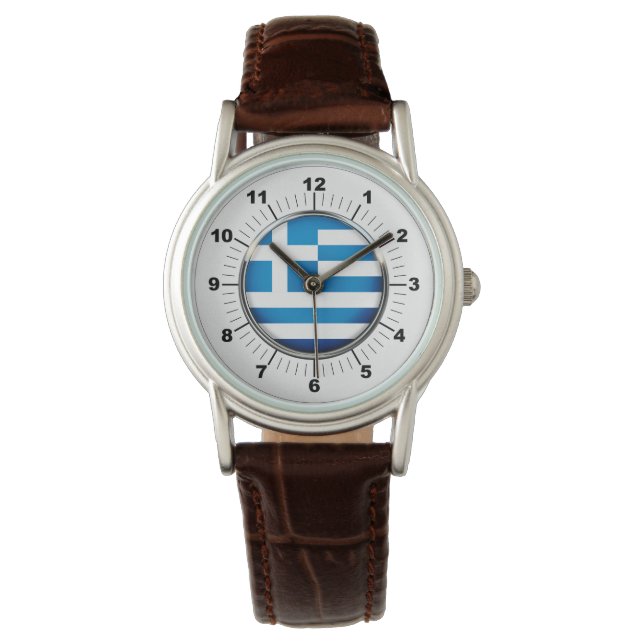Women's Greece Flagga Classic Brown Leather Watch Armbandsur (Framsida)