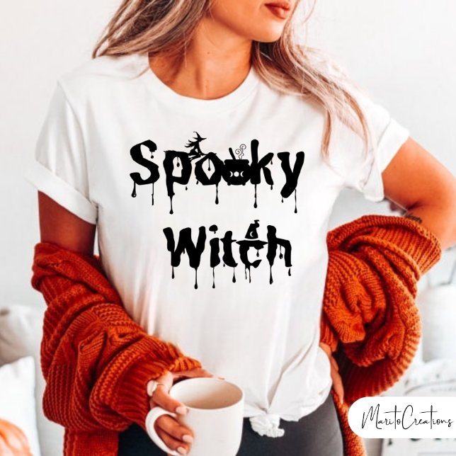 Women's Halloween Black and White Spooky Witch T Shirt (Spooky Witch)
