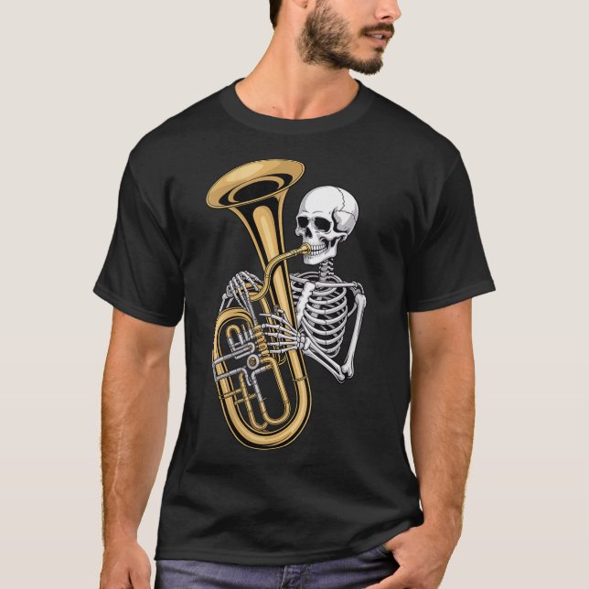 Womens Halloween Skeleton Tuba Tubist V-neck  T Shirt (Framsida)