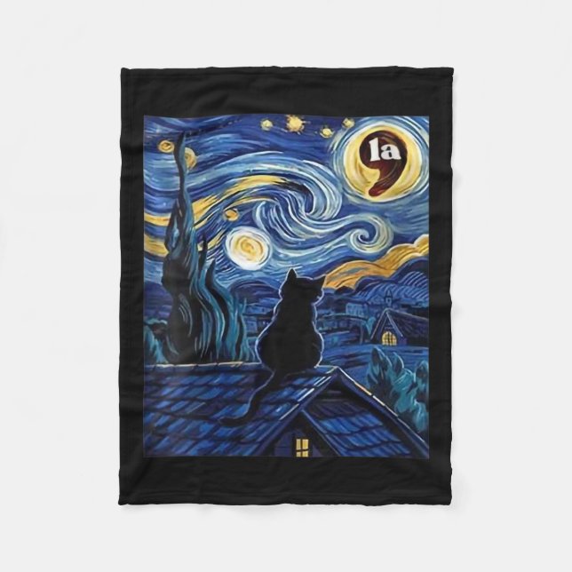 Womens Halloween Starry Night Black Cat Comma La K Fleecefilt (Framsidan)