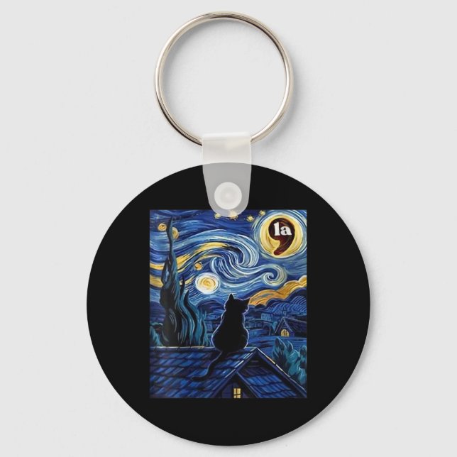 Womens Halloween Starry Night Black Cat Comma La K Nyckelring (Framsida)