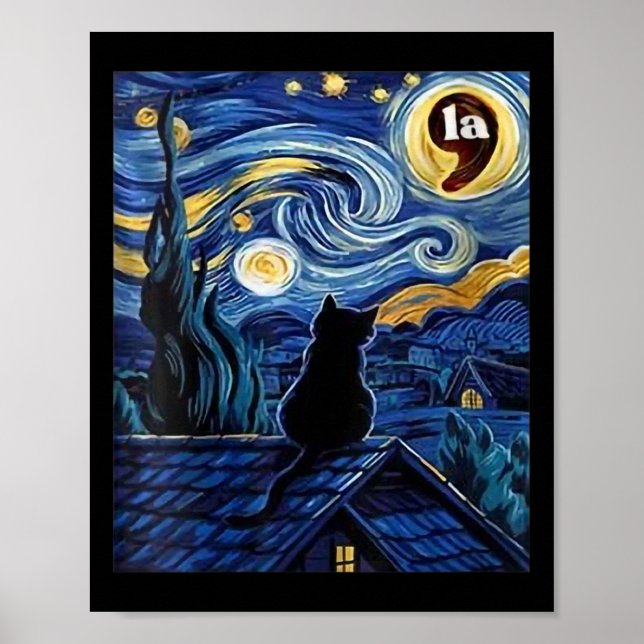 Womens Halloween Starry Night Black Cat Comma La K Poster (Framsidan)