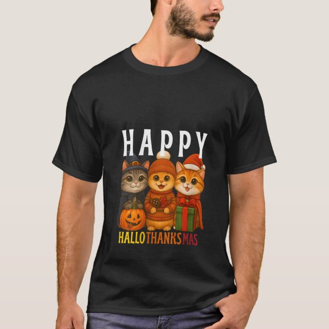 Womens Happy Hallothanksmas Cats Halloween Thanksg T Shirt (Framsida)