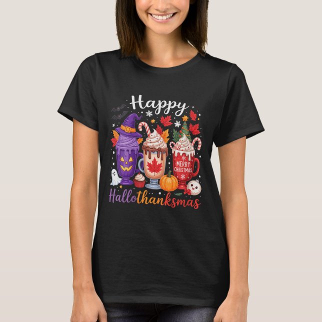 Womens Happy Hallothanksmas Coffee Lover Halloween T Shirt (Framsida)