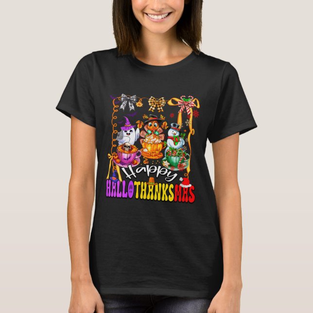 Womens Happy Hallothanksmas Coquette Bow Coffee La T Shirt (Framsida)