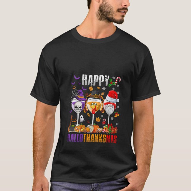 Womens Happy Hallothanksmas Wine Halloween Thanksg T Shirt (Framsida)