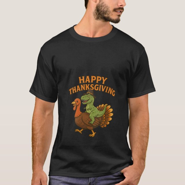 Womens Happy Thanksgiving Dinosaur Turkey Pilgrim  T Shirt (Framsida)