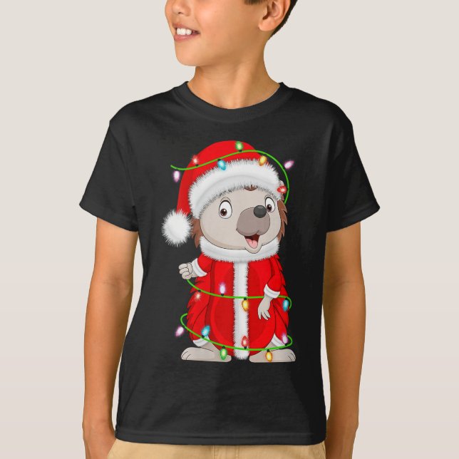 Womens Hedgehog Christmas Lights Santa Costume Cut T Shirt (Framsida)