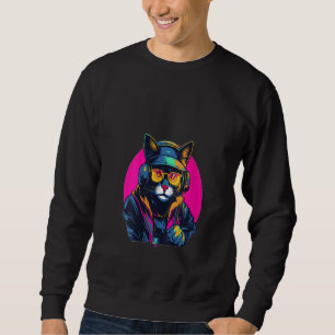 Womens House Music Älskare Cyberpunk Cat DJ Music Lång Ärmad Tröja