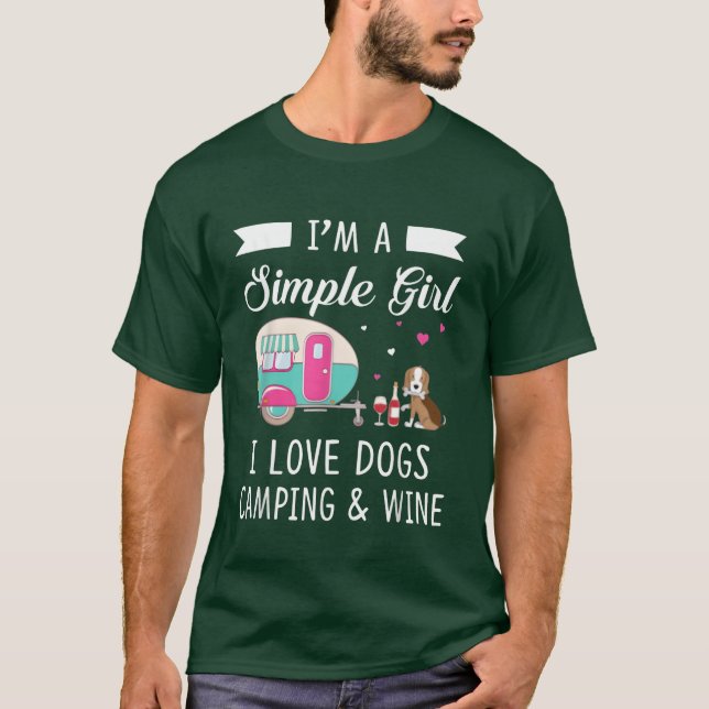 Womens Im A Simple Girl Love Dogs Camping And Wine T Shirt (Framsida)