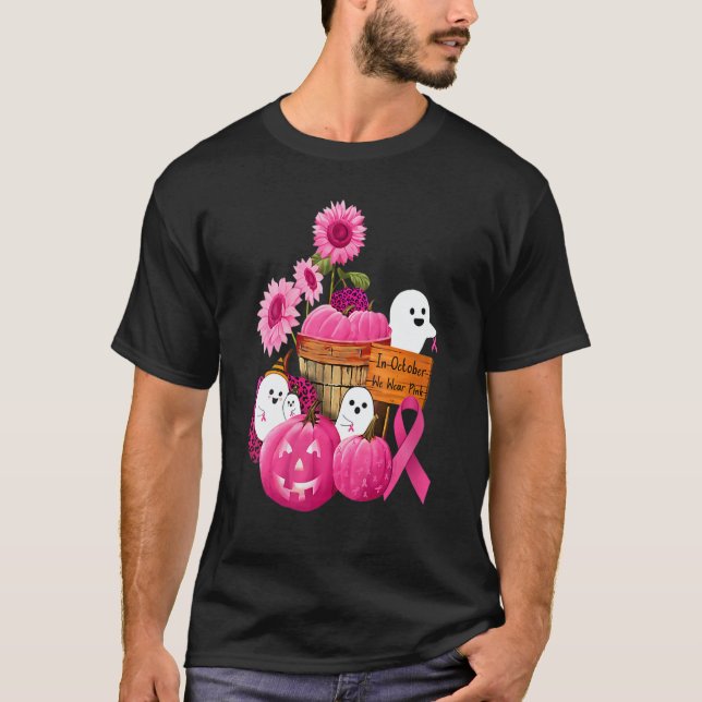 Womens In October We Wear Pink Ghosts & Pumpkins F T Shirt (Framsida)