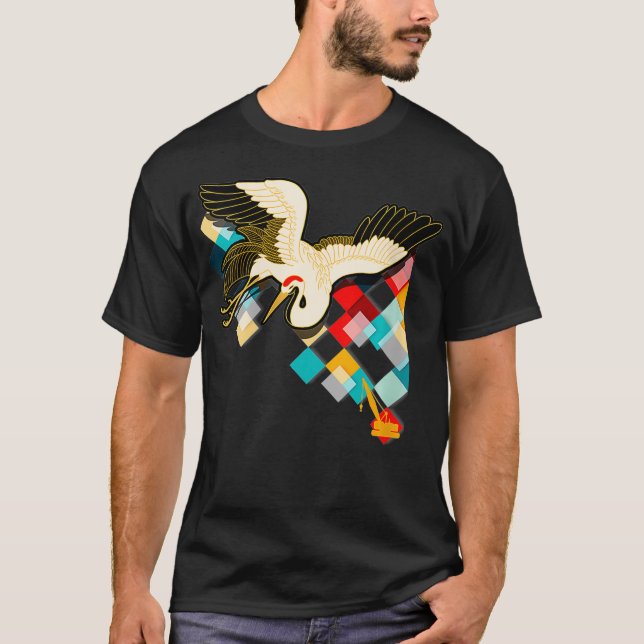 Womens Industrial & Asian Cranes Collage Art, Arti T Shirt (Framsida)
