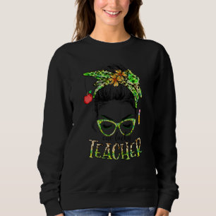 Womens Irish Shamrocks Messy Bun One Lucky Teacher T Shirt