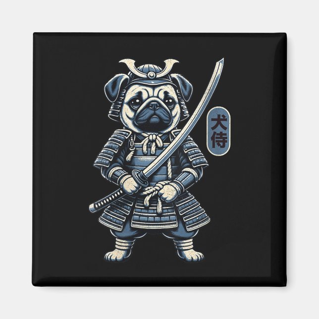 Womens Japanska Samurai Hund Tattoo, Pug Hund Kawa Magnet (Framsidan)