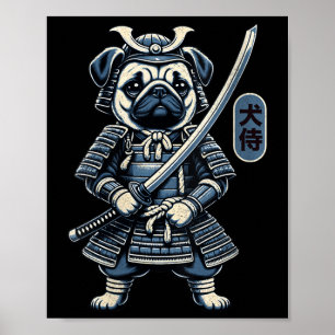 Womens Japanska Samurai Hund Tattoo, Pug Hund Kawa Poster