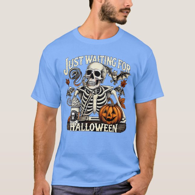 Womens Just Waiting For Halloween Skeleton Coffee  T Shirt (Framsida)