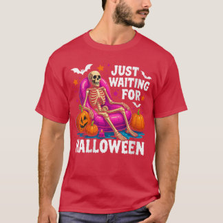 Womens Just Waiting for Halloween Skeleton Spooky T Shirt