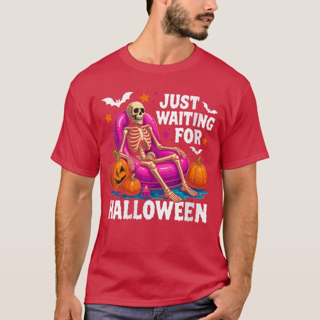 Womens Just Waiting for Halloween Skeleton Spooky  T Shirt (Framsida)
