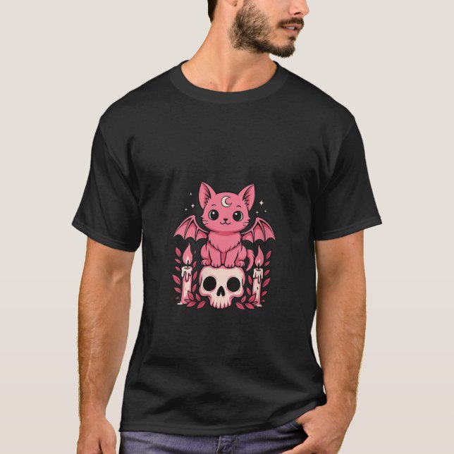 Womens Kawaii Pastel Goth Cute Creepy Cat Fladderm T Shirt (Framsida)