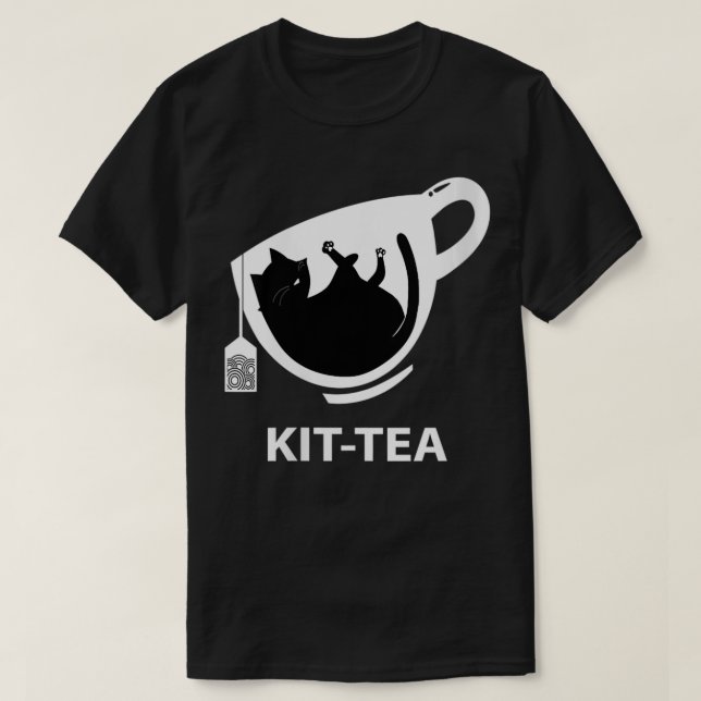 Womens KitTea En söt, svart katt med te rolig katt T Shirt (Design framsida)
