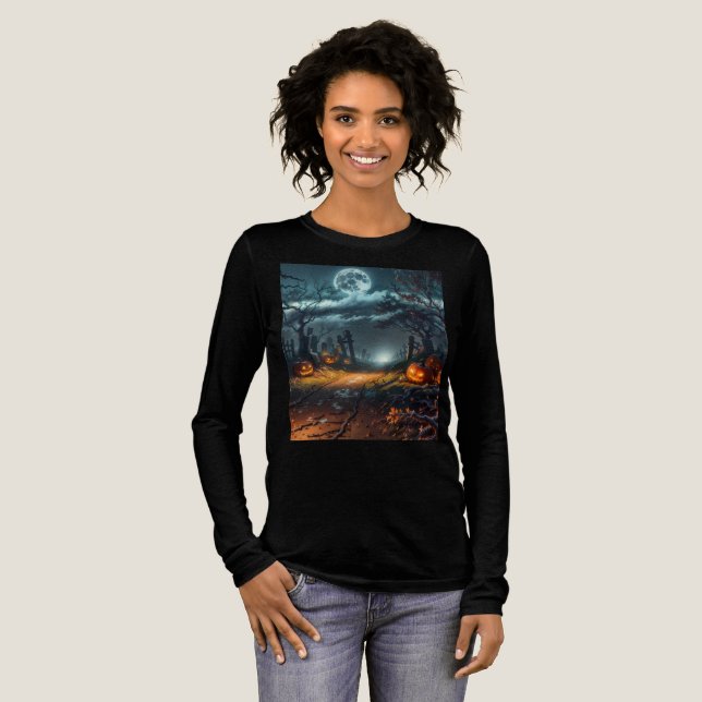 Women's long sleeve halloween pumpkins t-shirt  (Hel framsida)