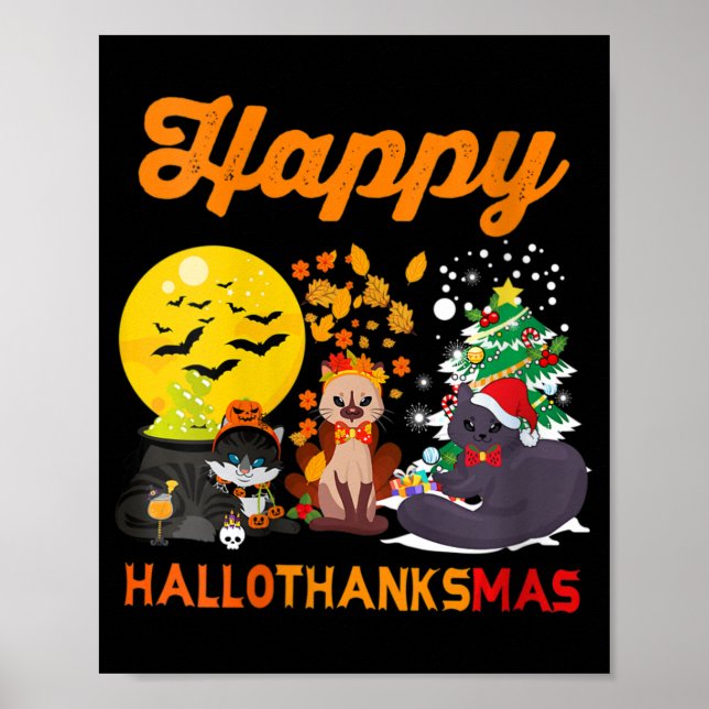 Womens Lycklig Hallothanksmas Cat Halloween Christ Poster (Framsidan)