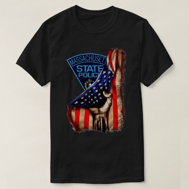 Womens Massachusetts State Police American Flagga  T Shirt (Design framsida)