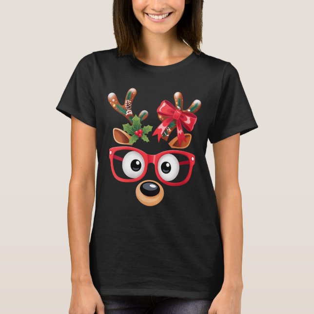 Womens Matching Family Christmas Reindeer Face Gle T Shirt (Framsida)