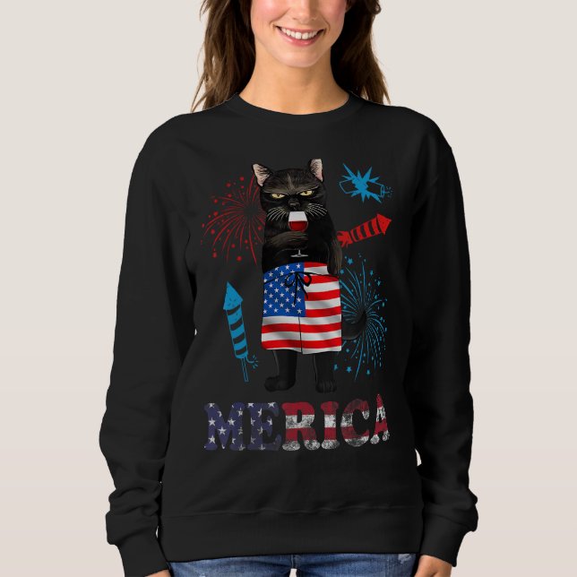 Womens  Merica Black Cat Wine Glass Firework USA F T Shirt (Framsida)