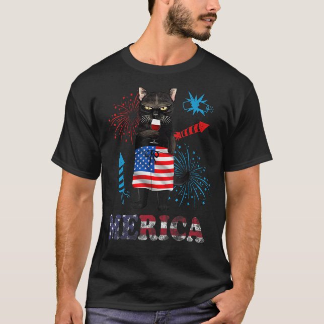 Womens  Merica Black Cat Wine Glass Firework USA F T Shirt (Framsida)