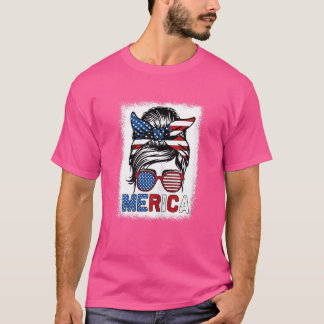 Womens Merica Mamma Girl American Flagga Messy Bun T Shirt