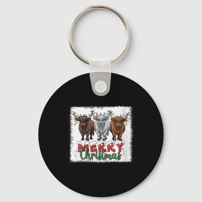 Womens Merry Christmas Scottish Highland Cow Xmas  Nyckelring (Framsida)