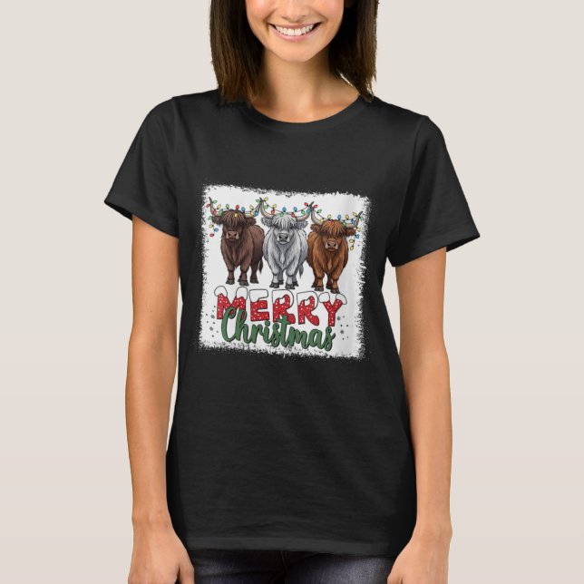 Womens Merry Christmas Scottish Highland Cow Xmas  T Shirt (Framsida)