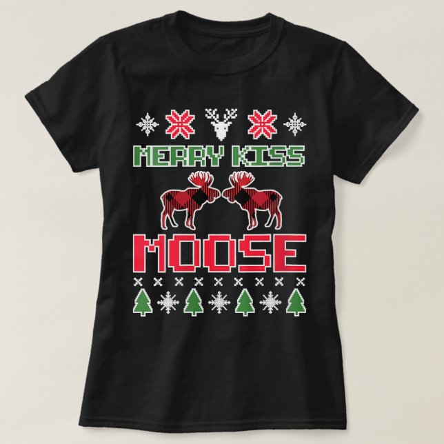 Womens MERRY KISS MOOSE FUNNY CHRISTMAS Julafton G T Shirt (Design framsida)