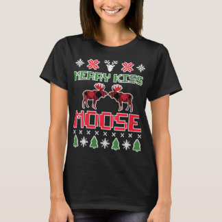 Womens MERRY KISS MOOSE FUNNY CHRISTMAS Julafton G T Shirt