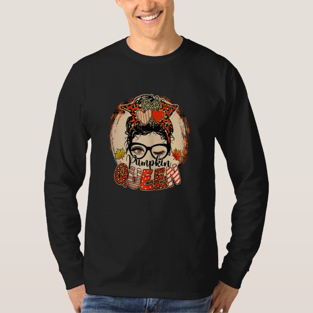 Womens Messy Bun Fall Pumpkin Queen Fall Autumn Th T Shirt (Framsida)