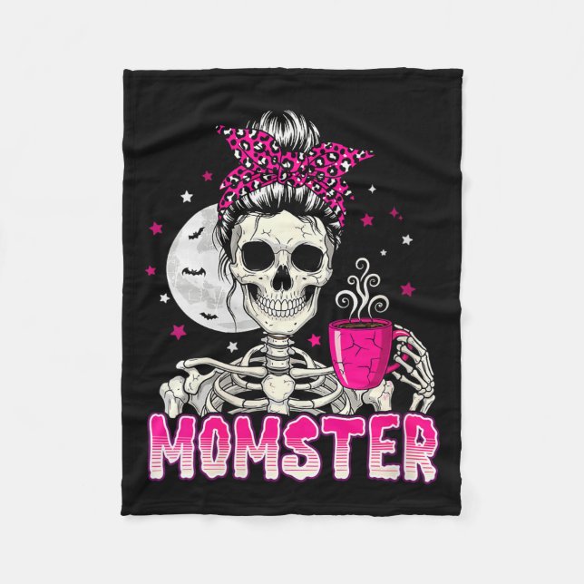 Womens Momster Skull Mom Coffee Lover Halloween Me Fleecefilt (Framsidan)