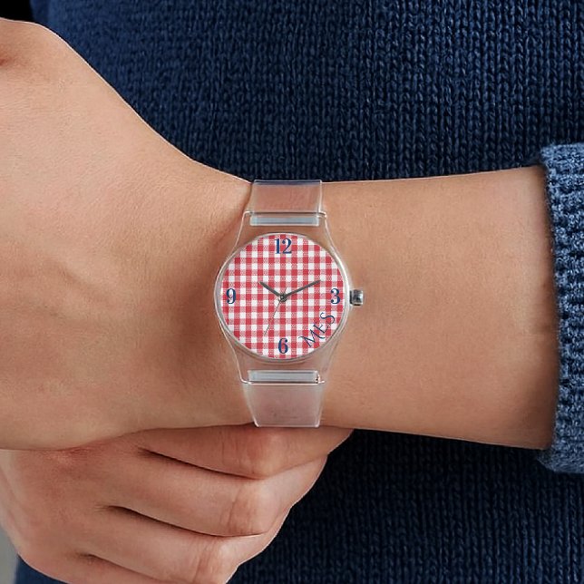 Women's Monogram Red White Gingham Clear Silicone Armbandsur (Skapare uppladdad)