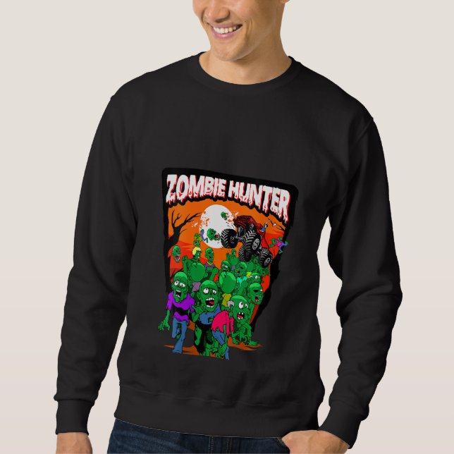 Womens Monster Lastbil Zombie Hunter Halloween Und Lång Ärmad Tröja (Framsida)