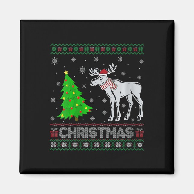 Womens Moose Julafton Träd Lighting Ugly jul Swe Magnet (Framsidan)