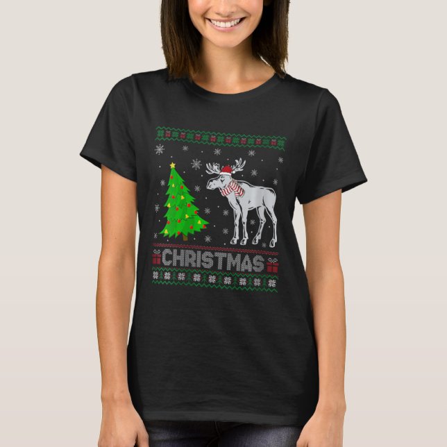 Womens Moose Julafton Träd Lighting Ugly jul Swe T Shirt (Framsida)
